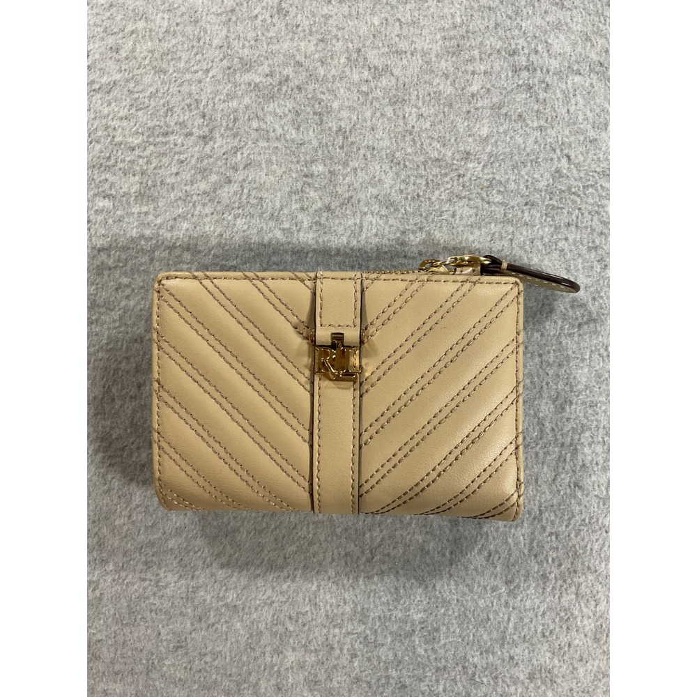 Lauren Ralph Lauren Quilted Leather Bifold Wallet Beige Gold Tone LRL Logo